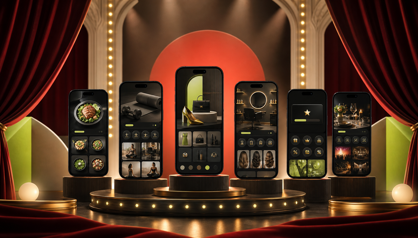 Six business apps presented on a premium Broadway-inspired stage