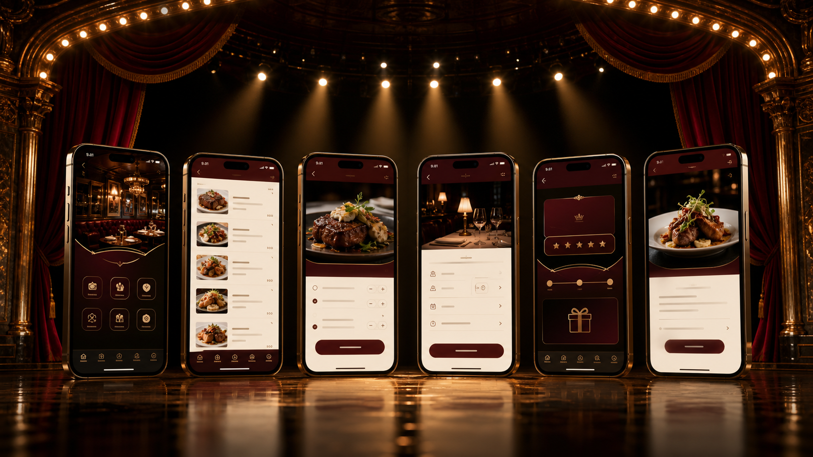 Six restaurant app screens presented together on a premium Broadway stage